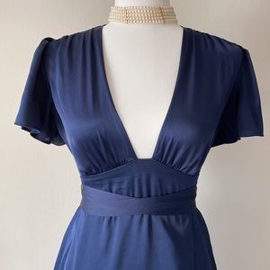 Express satin navy blue dress plunging neck